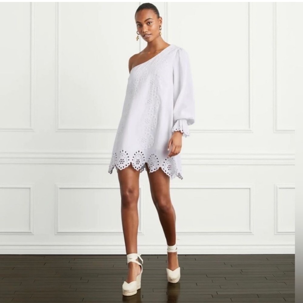NWT Hill House White Linen Shift Dress Eyelet One Shoulder Small Medium
